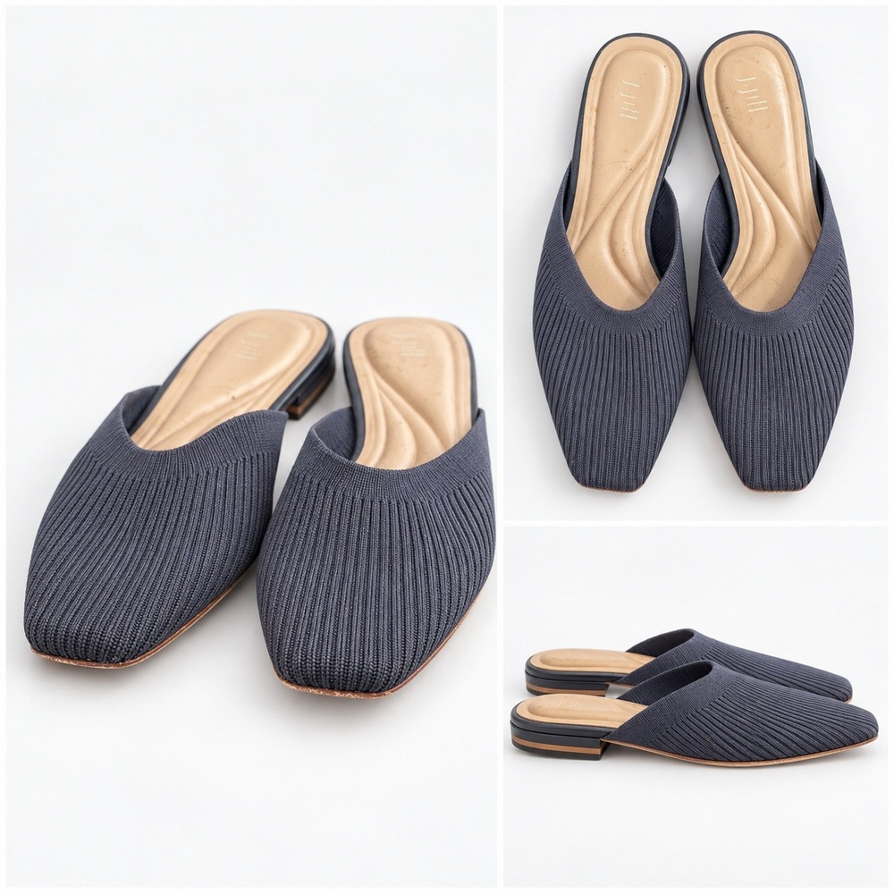 J. Jill Navy Blue Ribbed Knit Pointed Toe Mules Slides Women 7.5 Leather Sole
